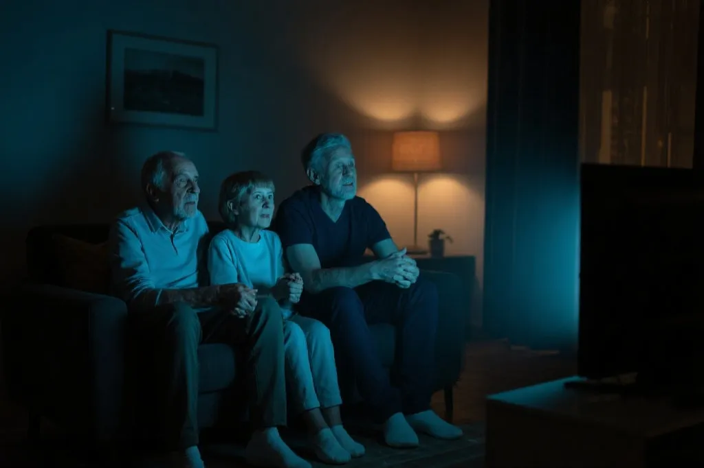 深夜客厅里祖孙三代一起看世界杯直播，屏幕光映在脸上