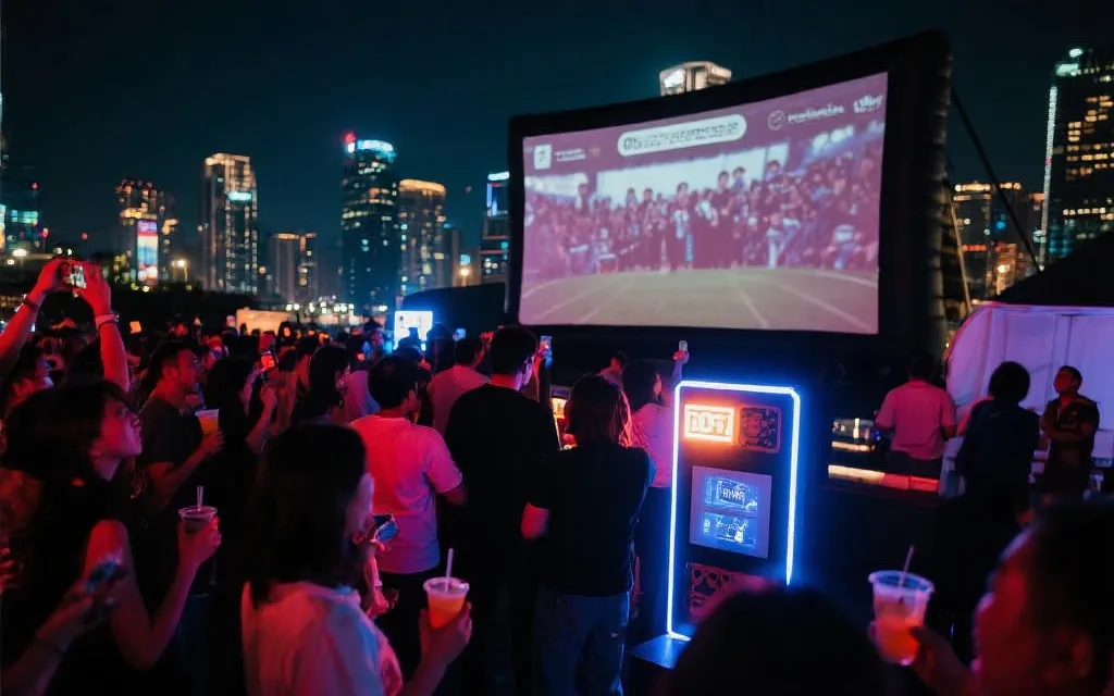 世界杯观赛派对线下体验场景，球迷在大屏前互动，氛围灯光与打卡装置